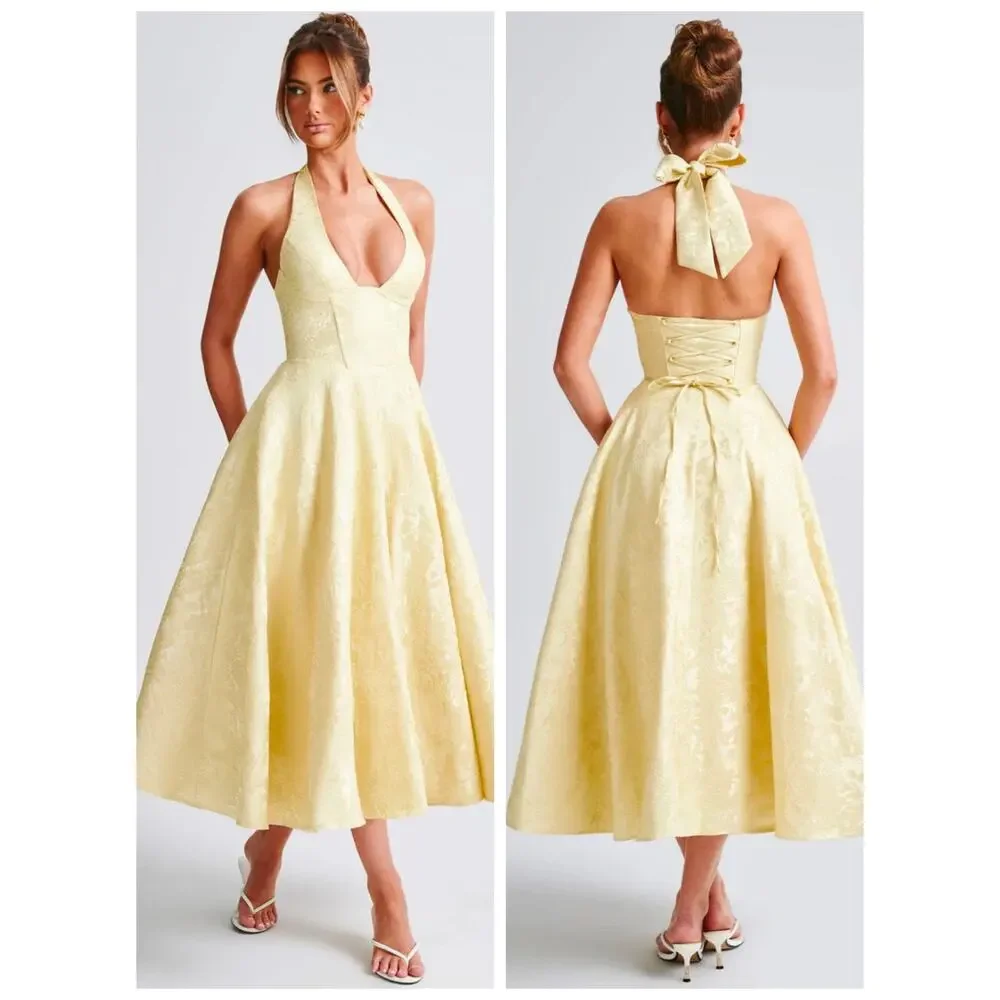 Babyboo Effie Midi Dress Lemon Jacquard Halter Corset Size XS NWT
